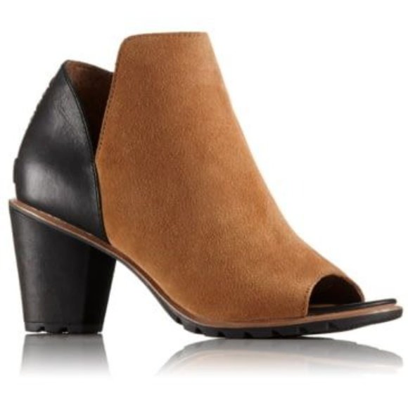 Sorel‎ 9.5 Leather 2 Tone Black Brown Heeled Open Toe Booties NADIA - Picture 2 of 13